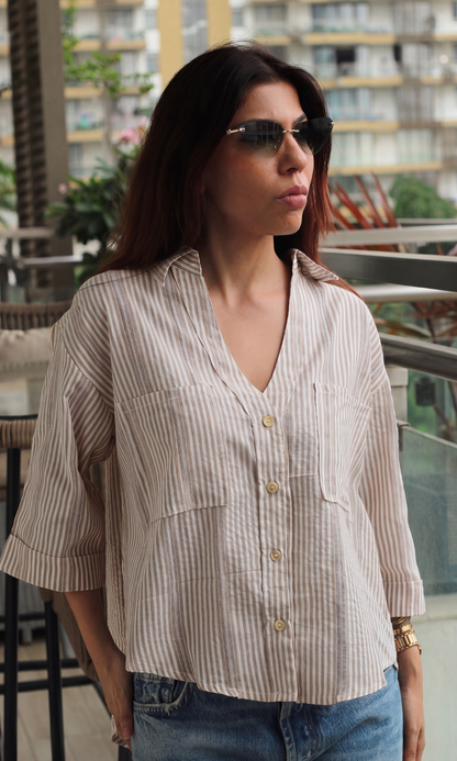 Camel Stripe Cropped Shirt