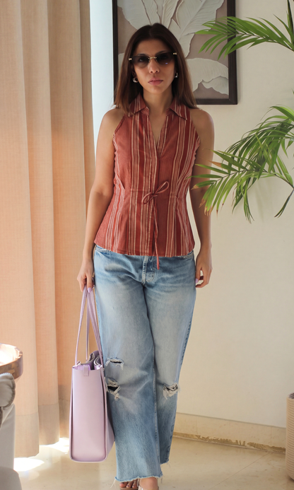 Maroon Linear Tie Detail Top