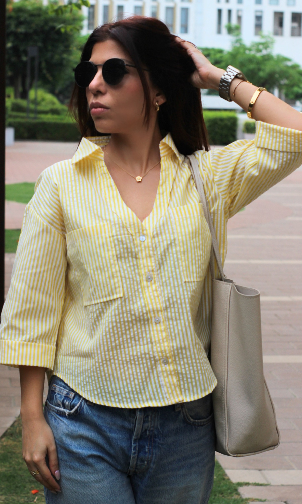 Lemon Striped Cotton Cropped Shirt