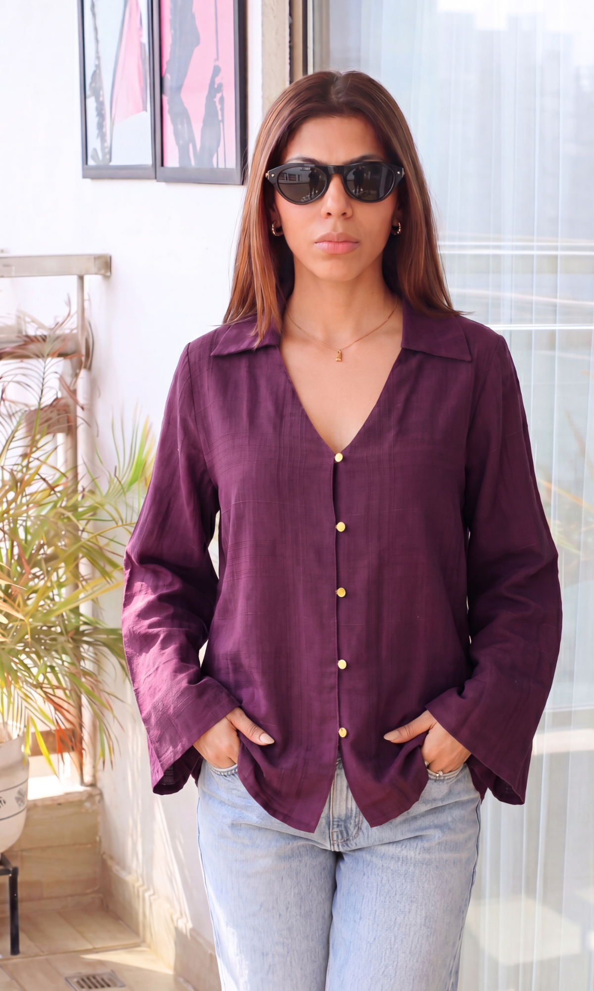 Wine Textured Flared Sleeve Shirt