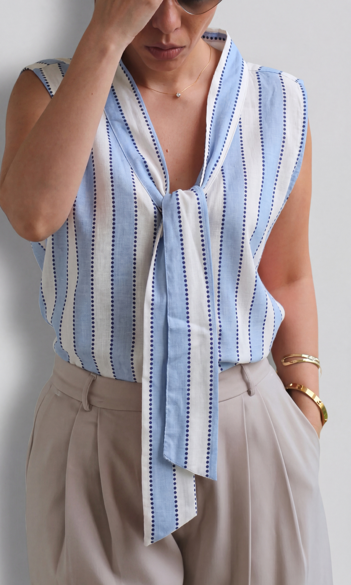 Powder Blue Dot-Stripe Tie Detail Top