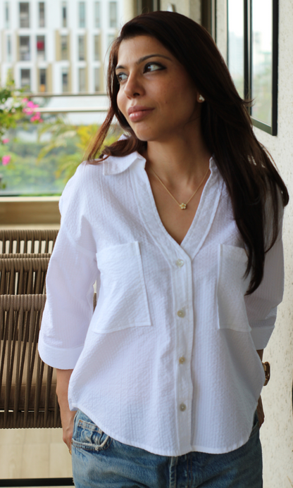 White Self-Striped Cotton Cropped Shirt