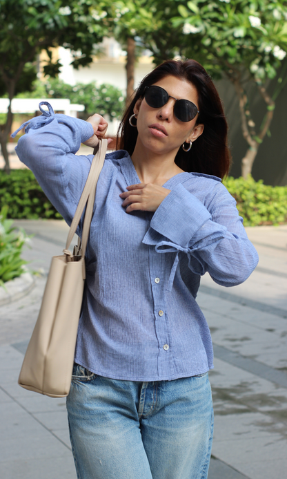 Blue Crinkled String Detail Cotton Shirt