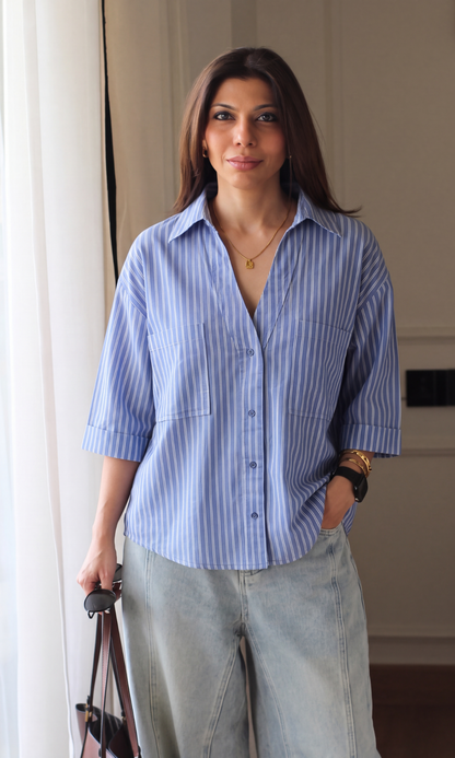Slate Blue Striped Loose Shirt
