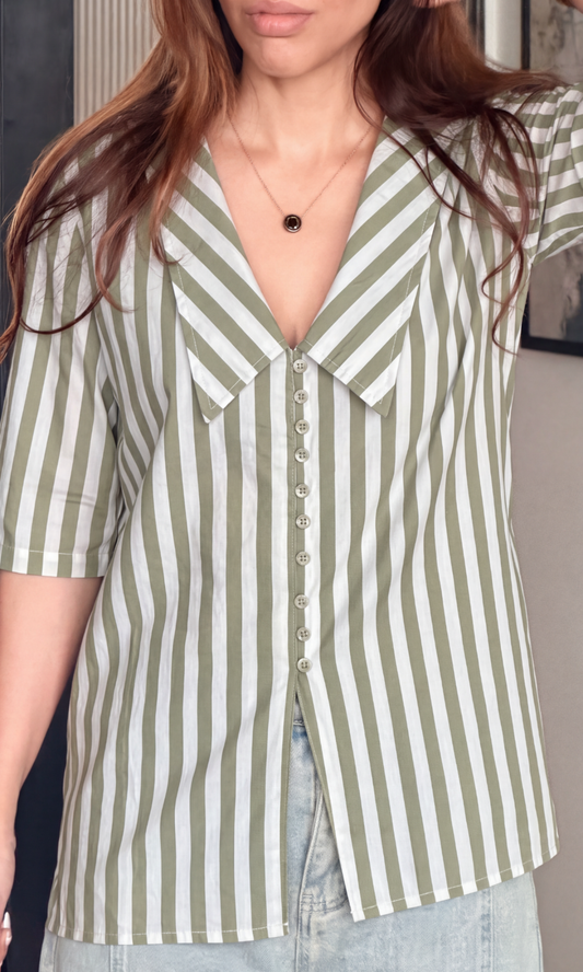 Olive Stripe Peter Pan Blouse