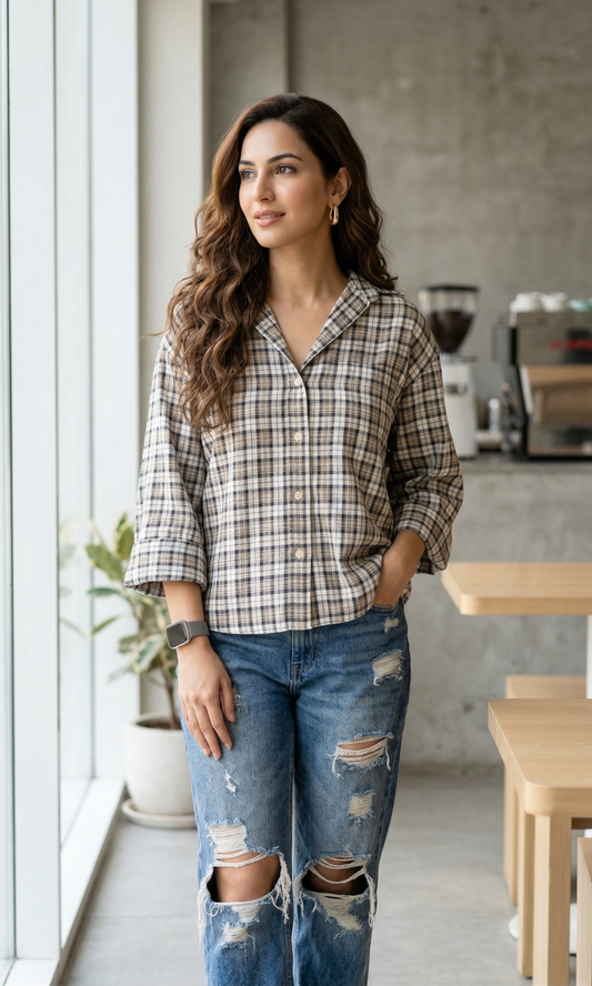 Beige-Black Flared Sleeved Shirt