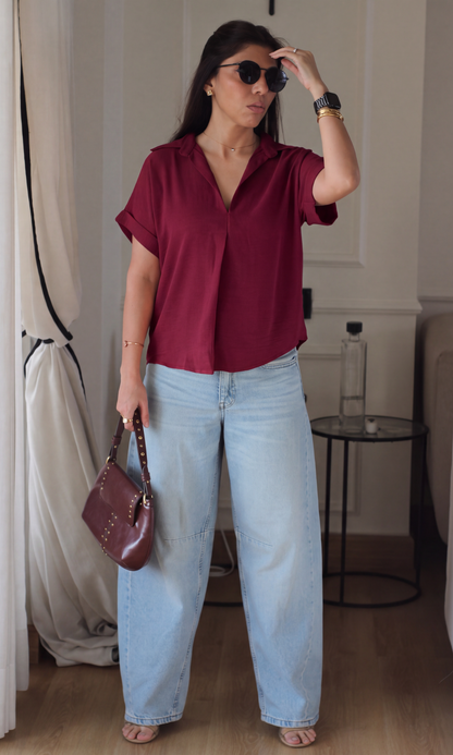Cranberry Gathered V-Neck Top