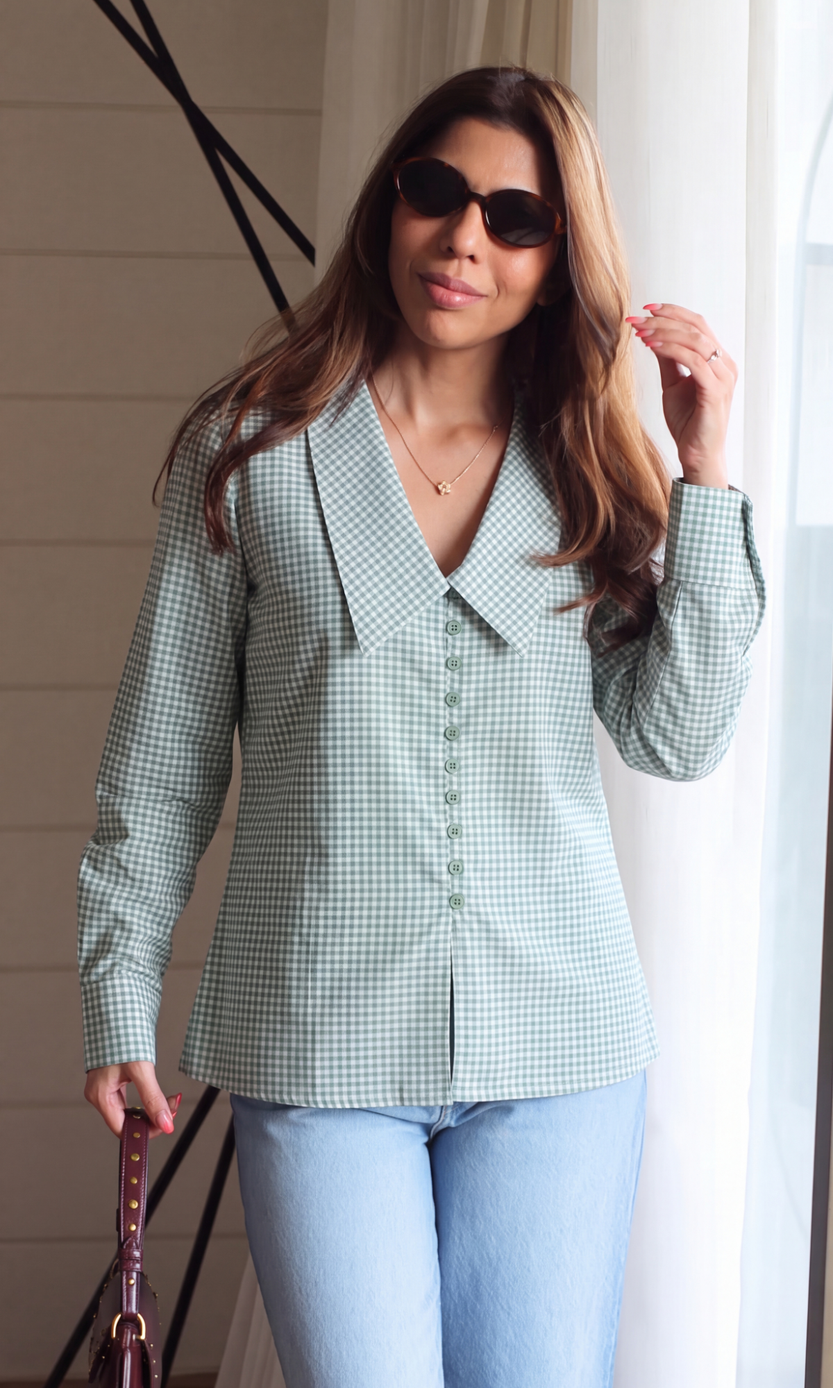 Sage Gingham Oversized Collar Sh