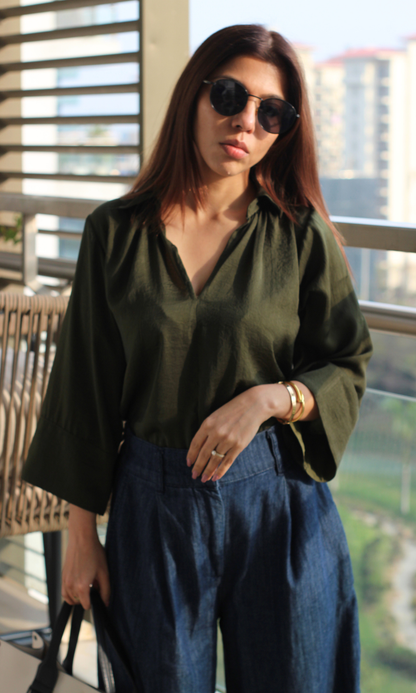 Forest Green Sheen Collared Top