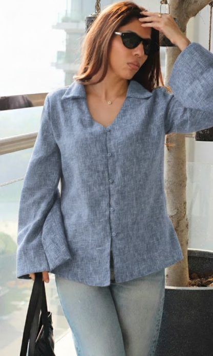 Denim Blue Textured Flared Sleeve Shirt