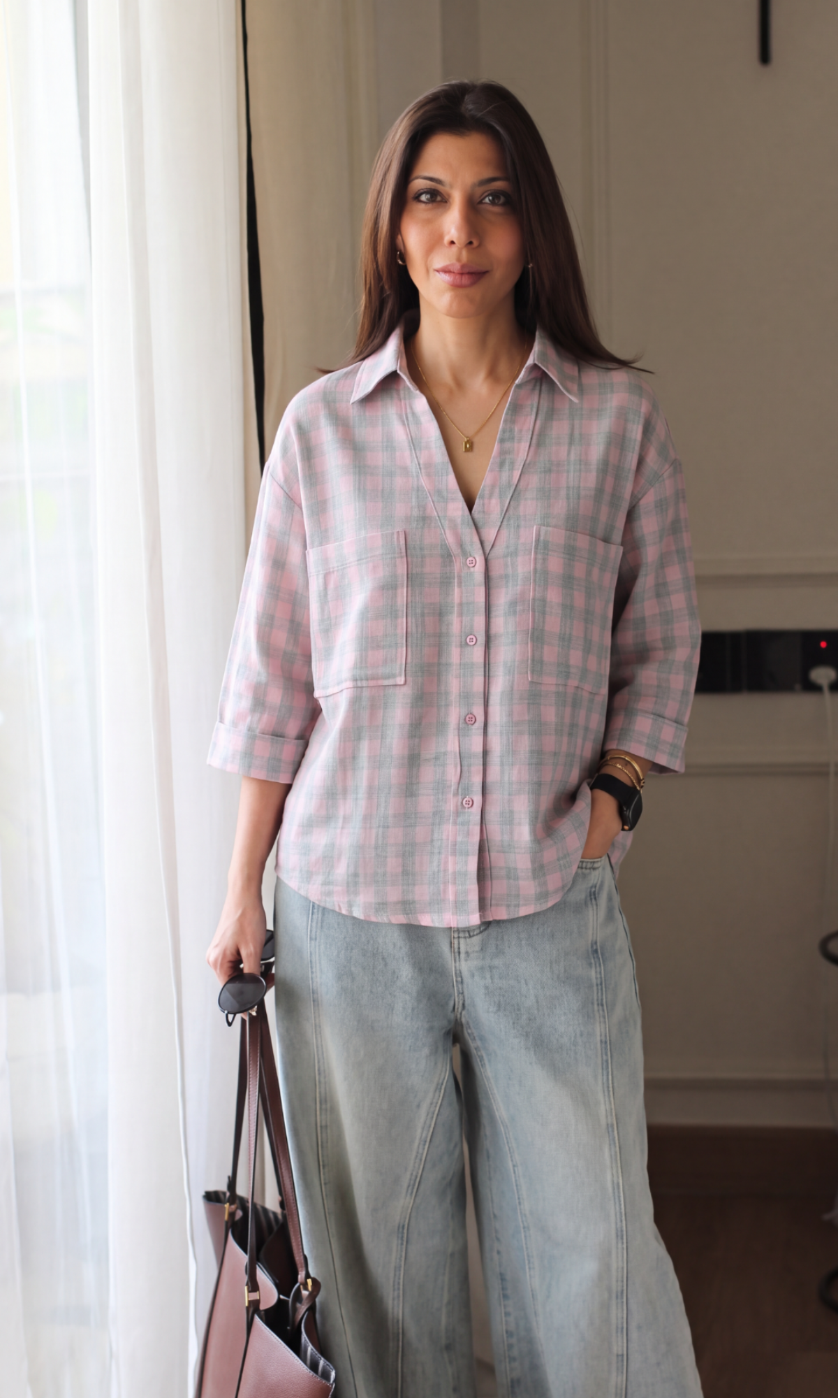 Pink Grey Check Cotton Cropped Shirt