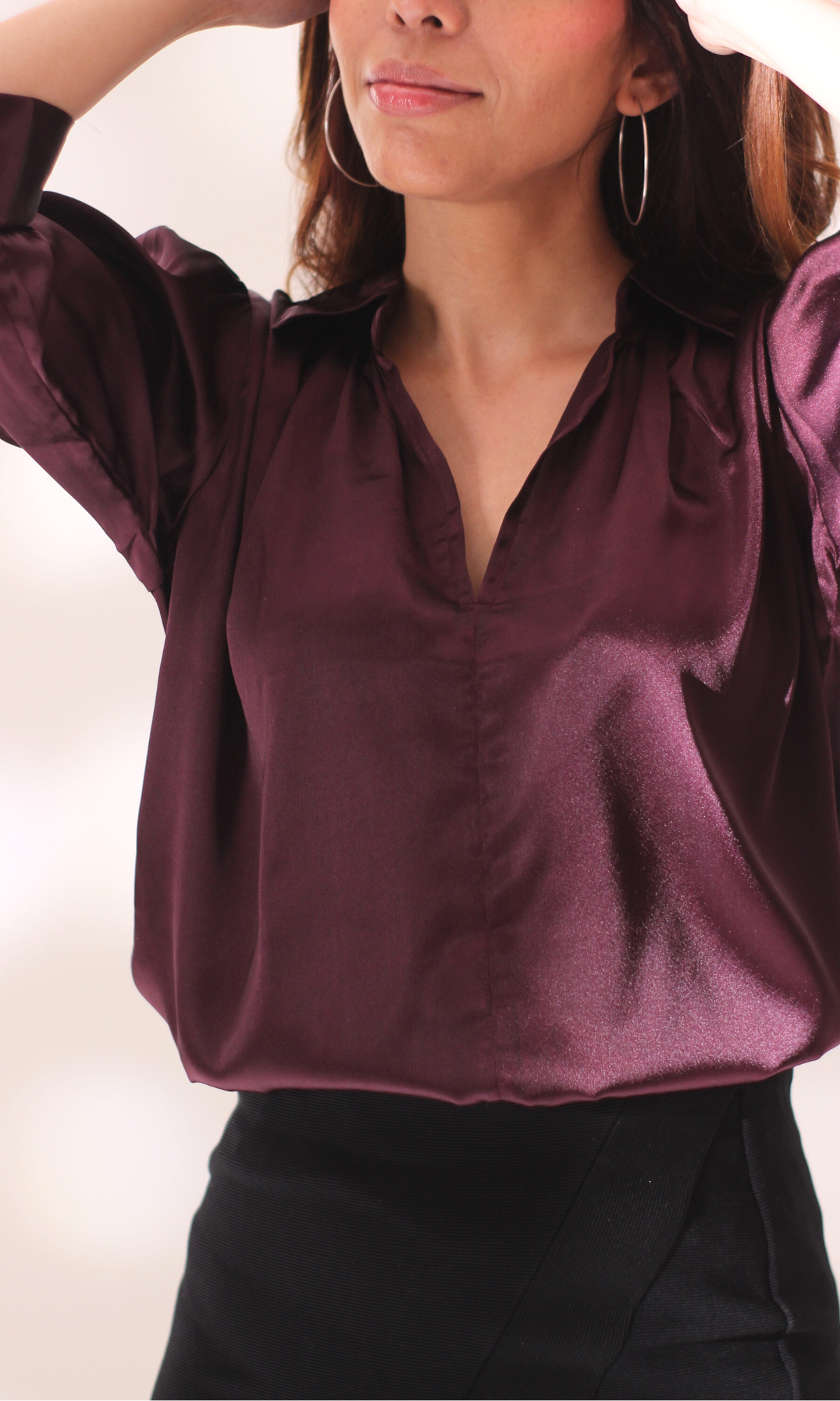 Wine Satin Collared Top