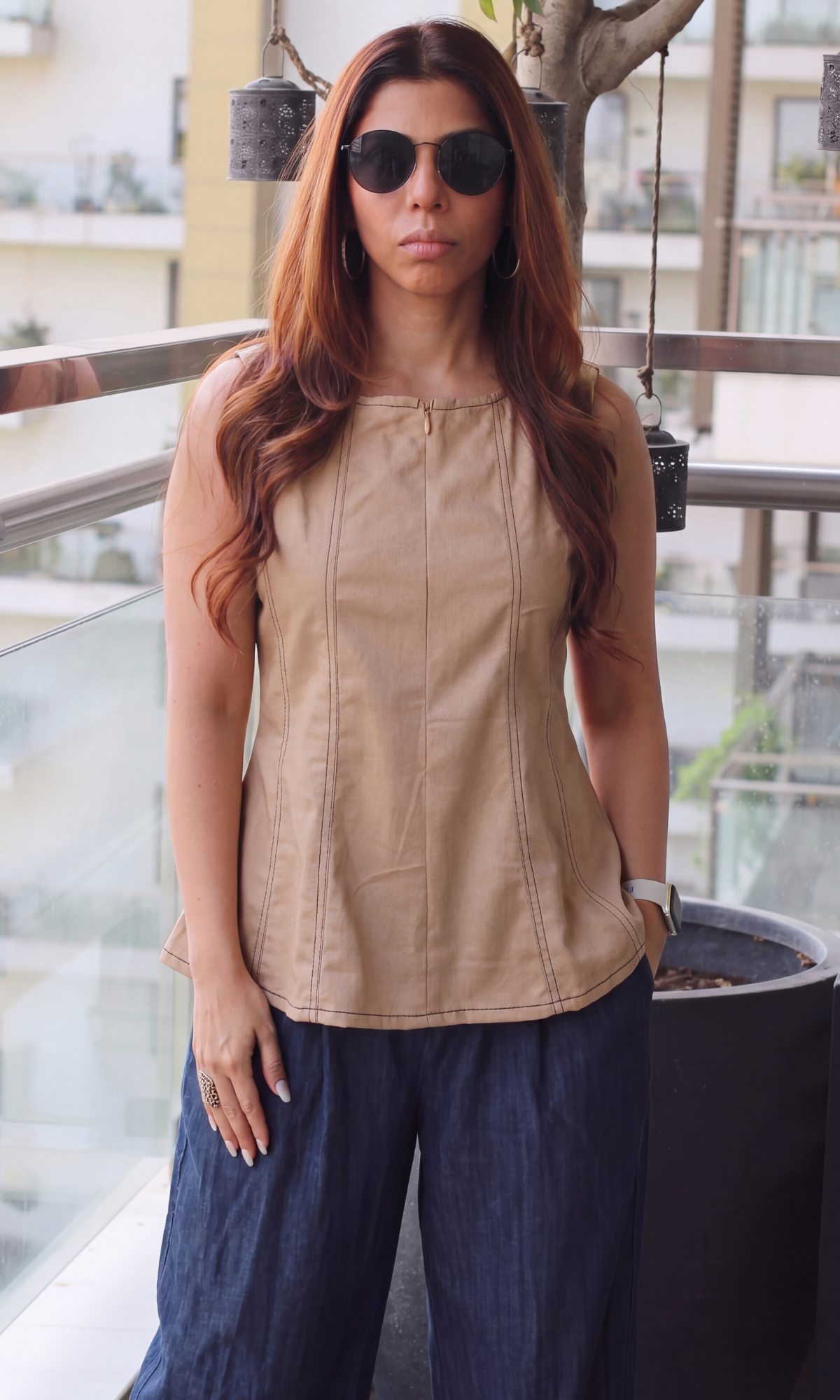 Tan Denim Cotton Flared Top