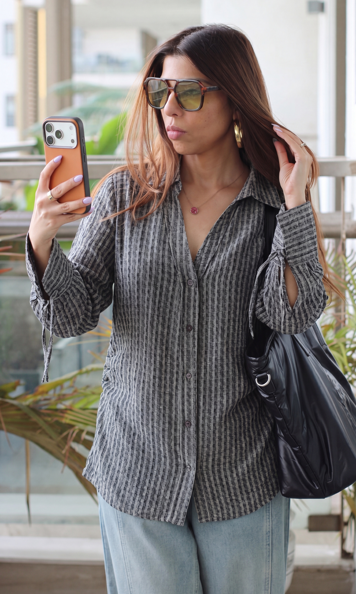Grey Textured Tie-Cuff Shirt