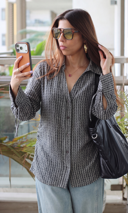 Grey Textured Tie-Cuff Shirt