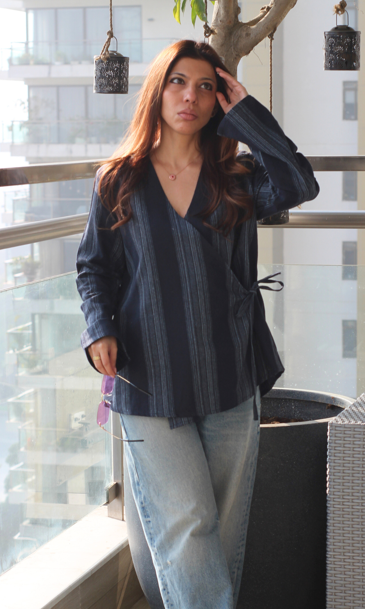 Deep Blue Linear Cotton Kimono Top