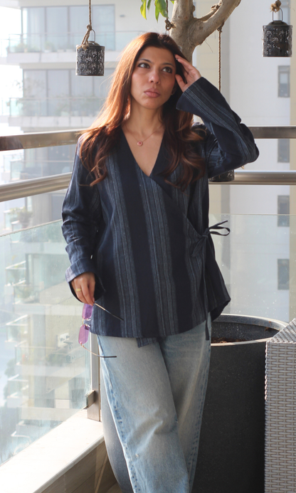 Deep Blue Linear Cotton Kimono Top