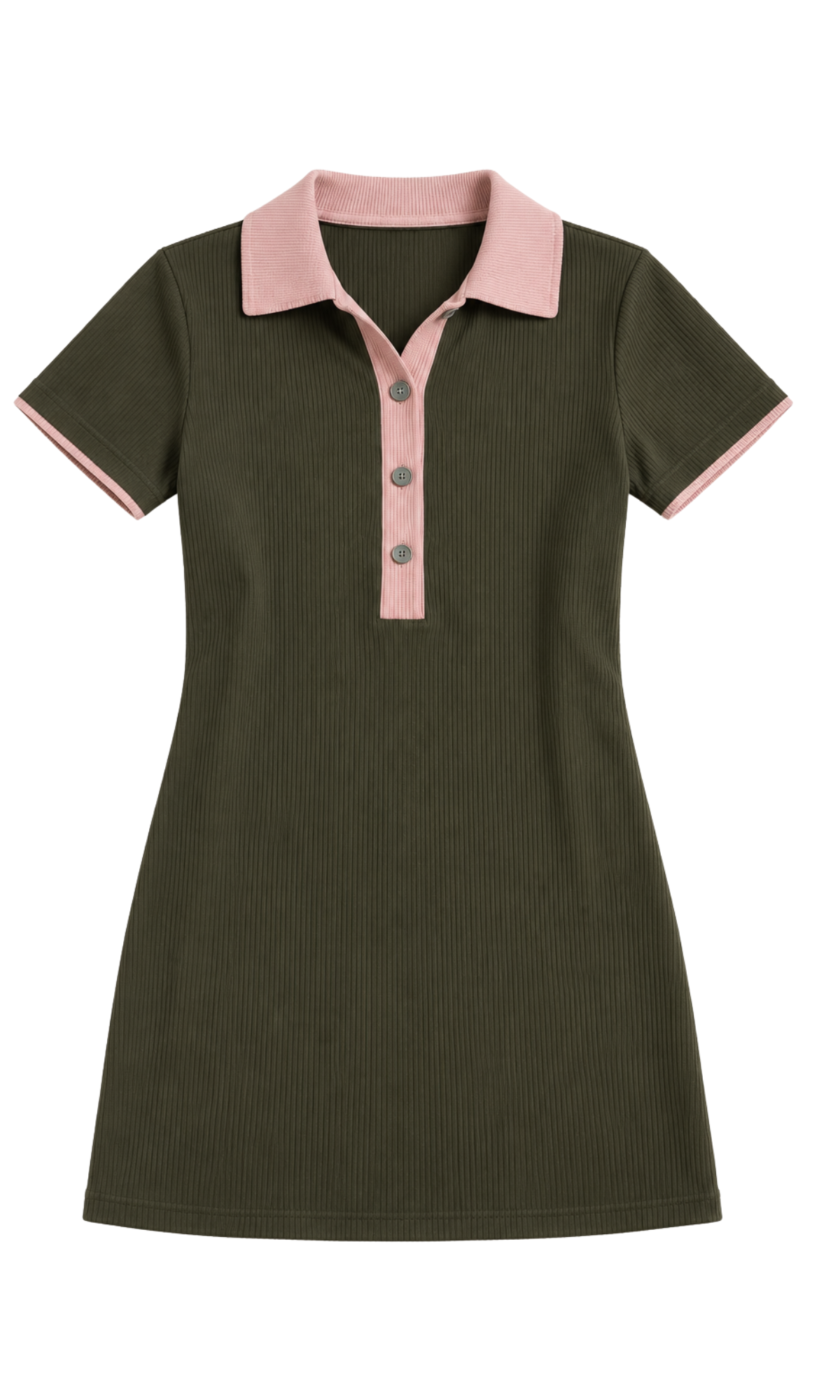 Olive Preppy Polo Dress with Contrast Collar