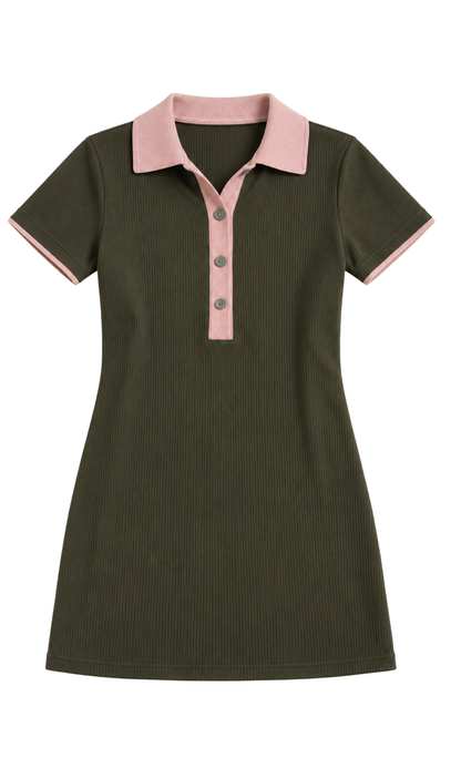 Olive Preppy Polo Dress with Contrast Collar