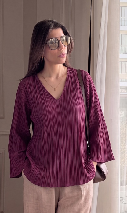 Wine Pleated V-Neck Top