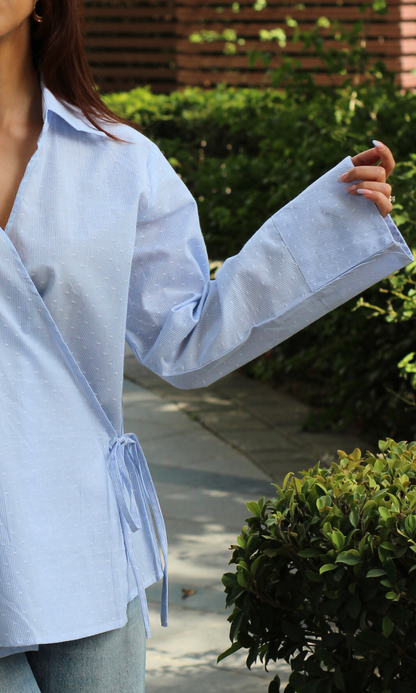 Blue-White Dobby Collared Cotton Kimono Top