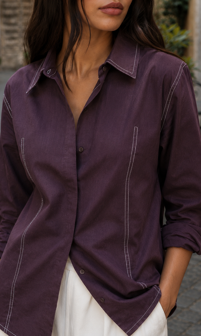 Purple Denim Contrast Dart-Stitch Shirt