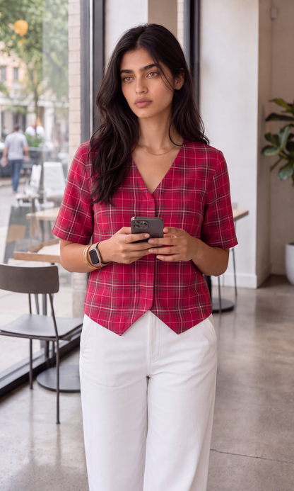 Wine Check Sleeved Cotton Waistcoat
