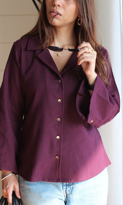 Wine Metallic Button Flared Sleeve Shirt