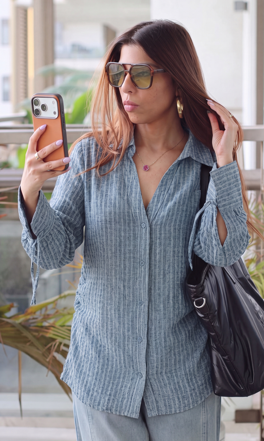 Blue Textured Tie-Cuff Shirt