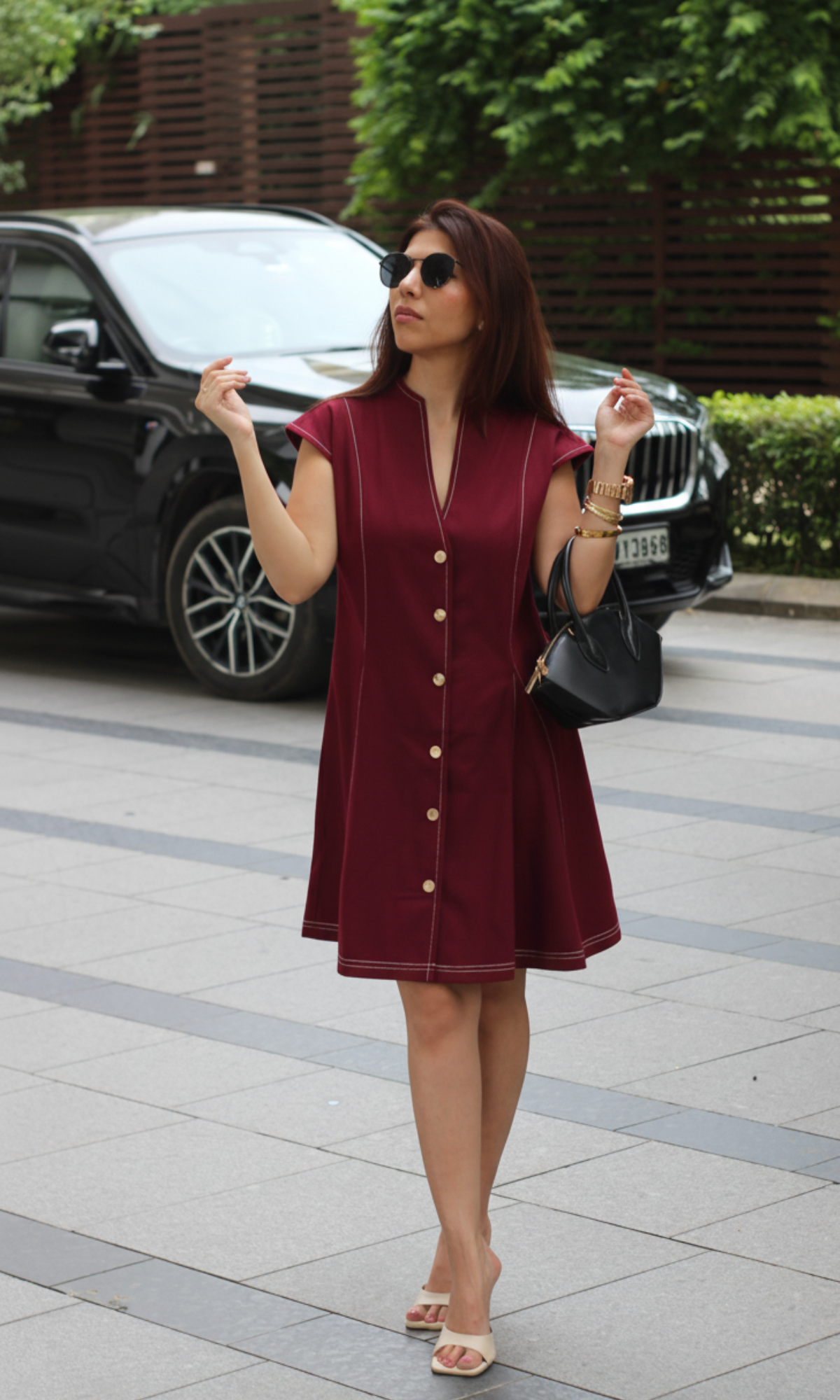 Merlot Thread Detail Metallic Buttoned Dress