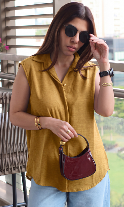 Mustard Flowing Sleeveless Shirt