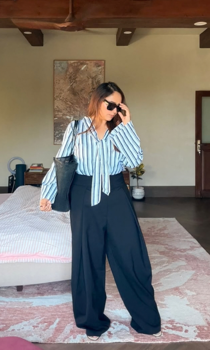 Navy Striped Tie-Neck Flared Sleeve Top