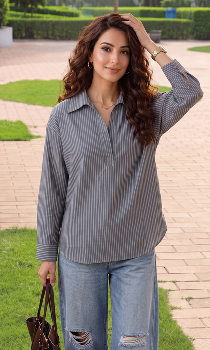 Slate Pinstripe Collared Popover Top