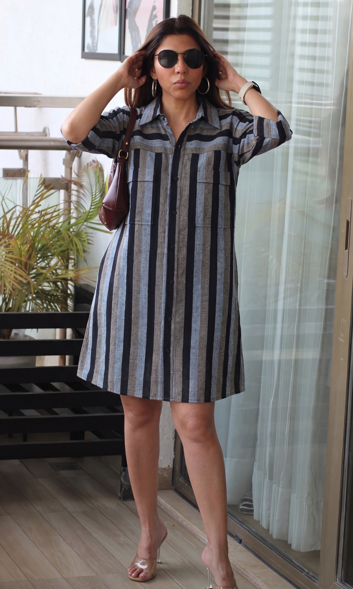 Black Utility Striped Shirt Dress