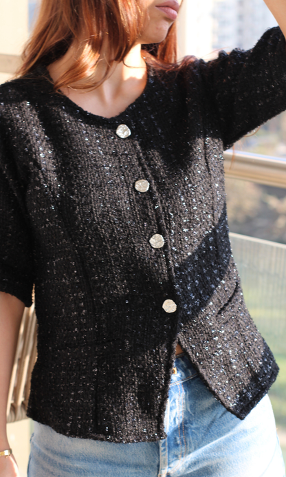 Black-Silver Tweed Round Neck Waist Coat