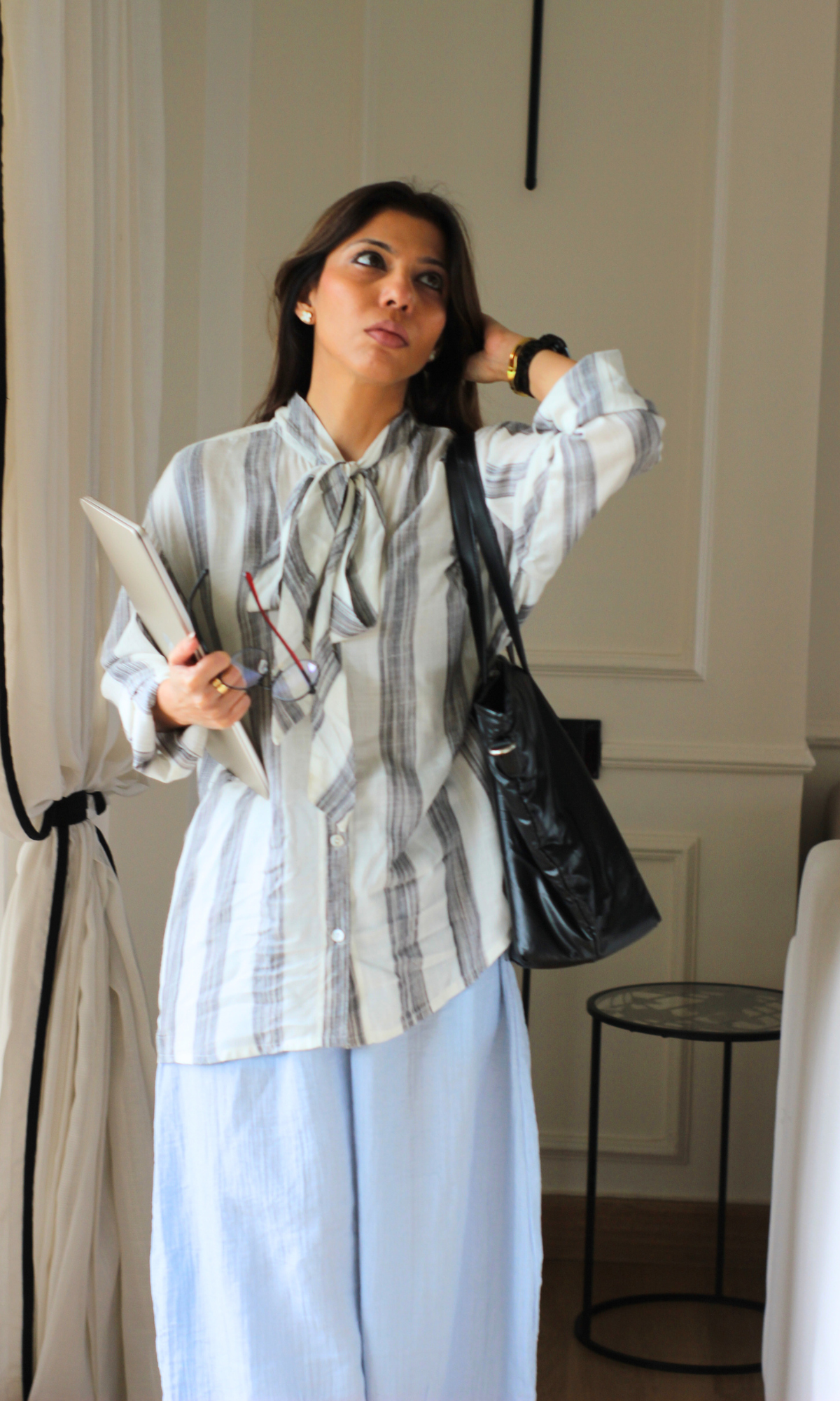 Ivory Stripe Bow Tie Shirt