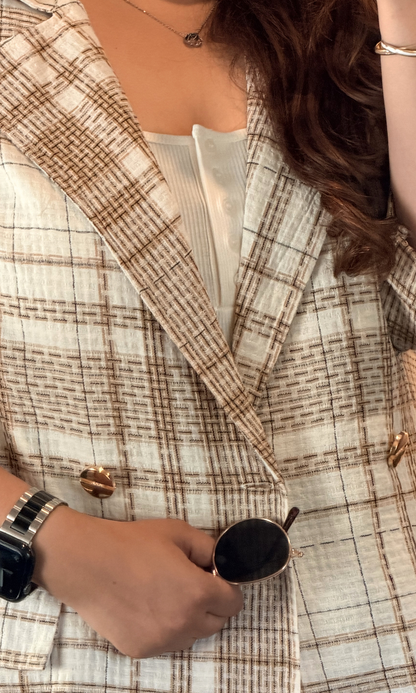 White Beige Checked Cotton Blazer