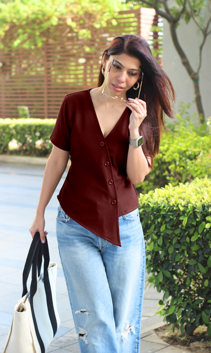 Wine Ribbed Side-Cut Sleeved Waist Coat