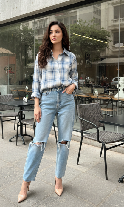 Blue checkered shirt crafted from 100% cotton, featuring a stylish plaid pattern, classic collar and loose fit — perfect for everyday wear.