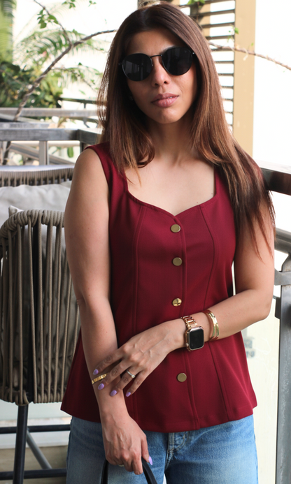 Wine Metallic Buttoned Flared Top