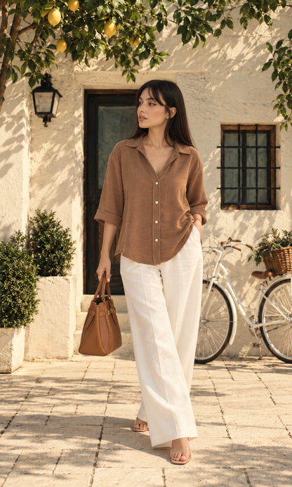 Toffee Brown Metallic-Button Boxy Shirt