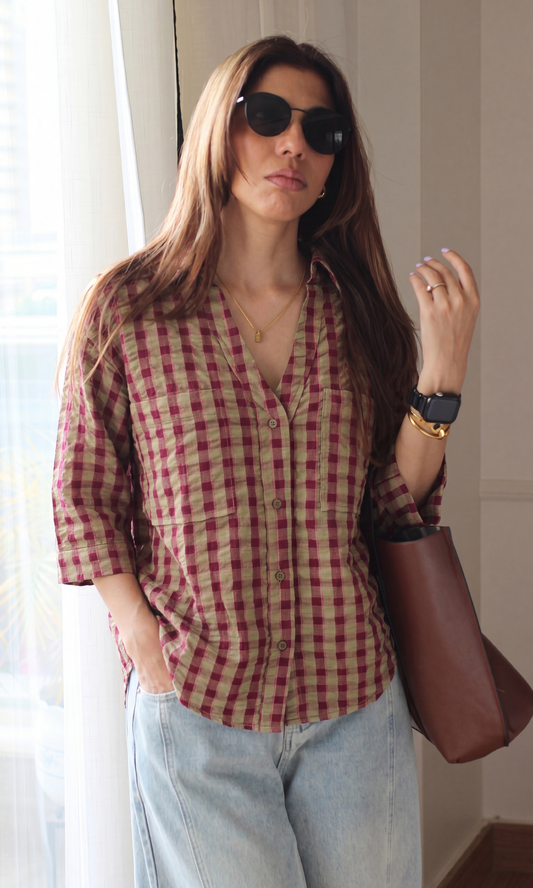 Berry & Khaki Seersucker Check Shirt
