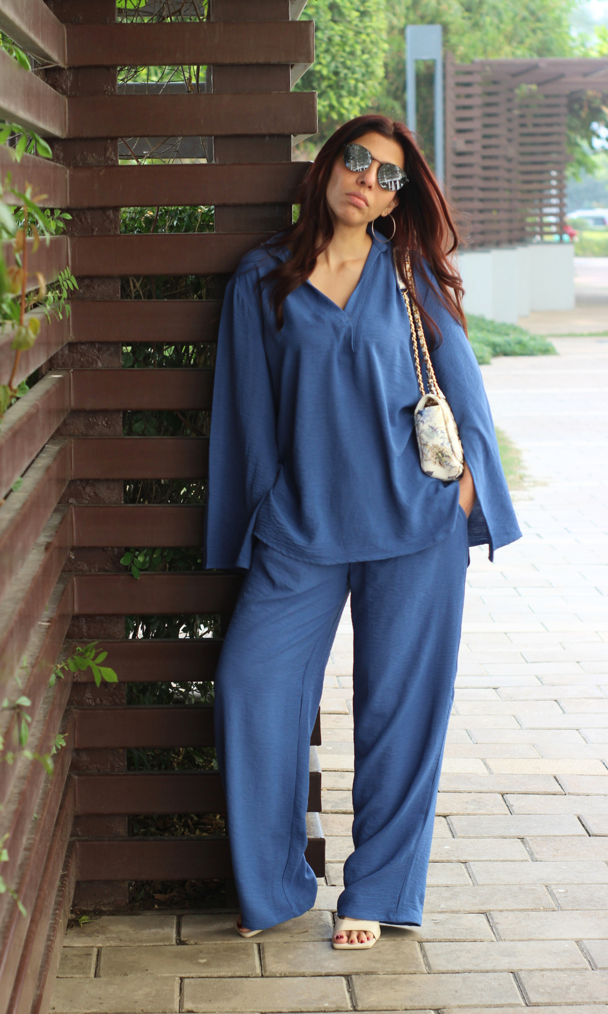 Chalk Blue Slit Sleeves Top and Pants Co-ord