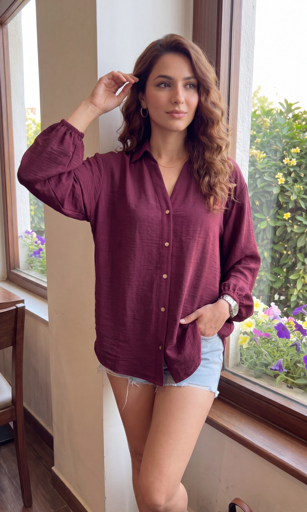 Wine Metallic Buttoned Balloon Sleeved Shirt
