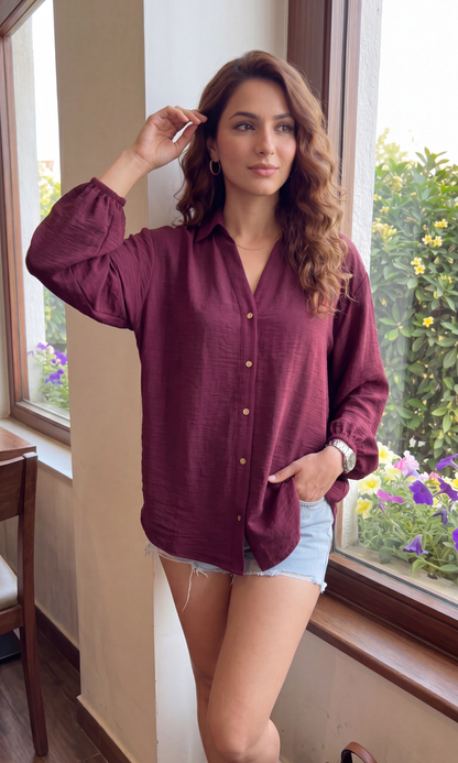 Wine Metallic Buttoned Balloon Sleeved Shirt