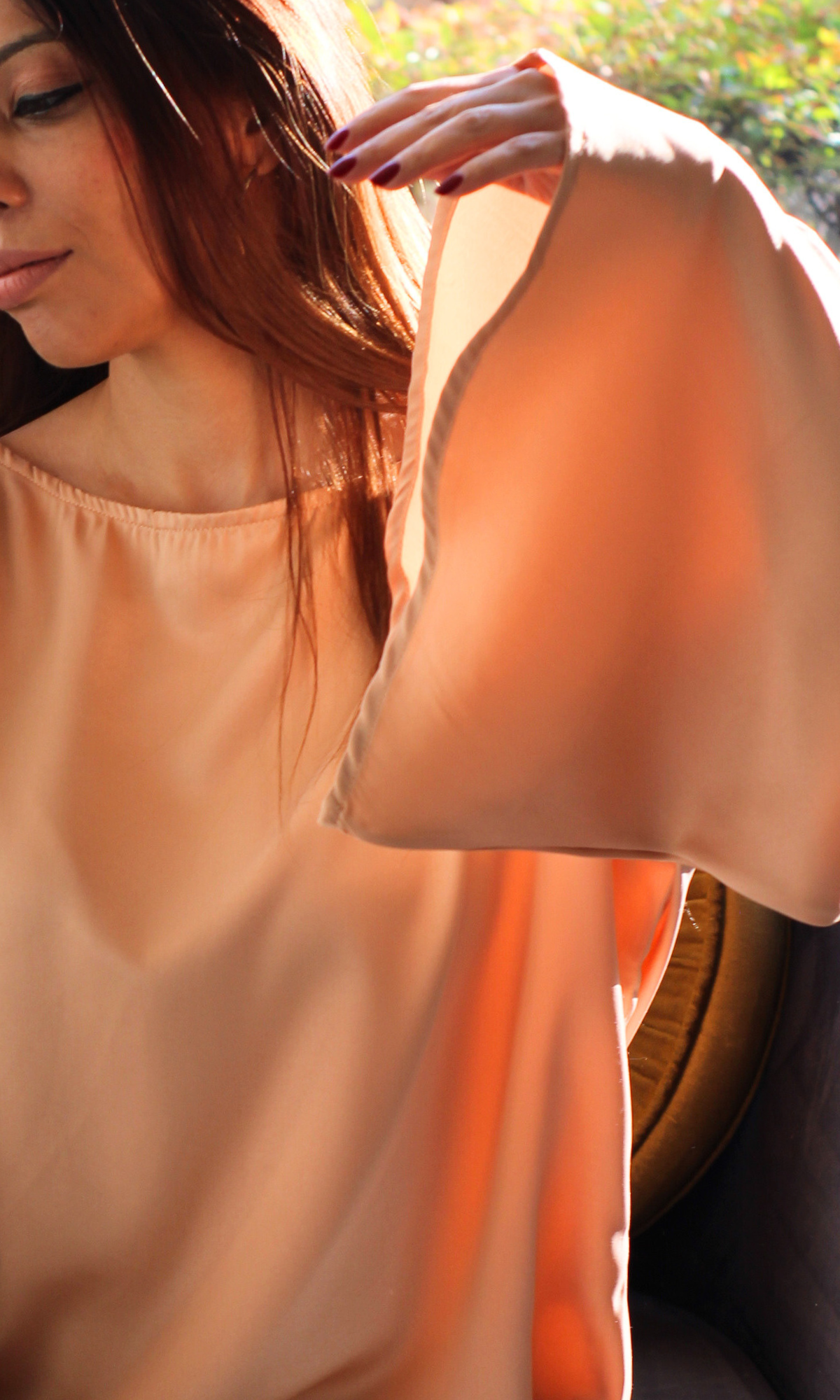 Light Apricot Flared Sleeve Satin Top