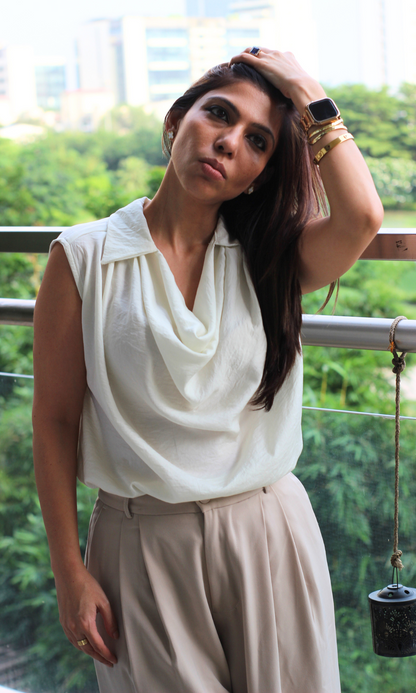 Pearl Mist Collared Cowl Neck Top