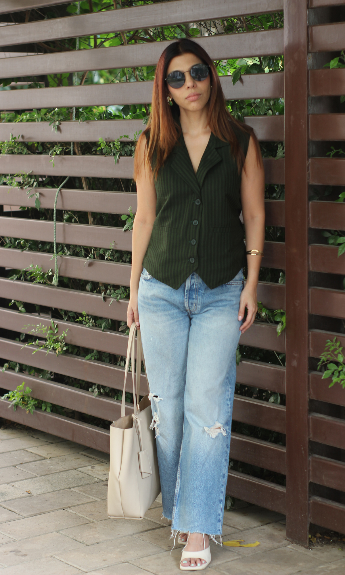 Green Striped Collared Waist Coat