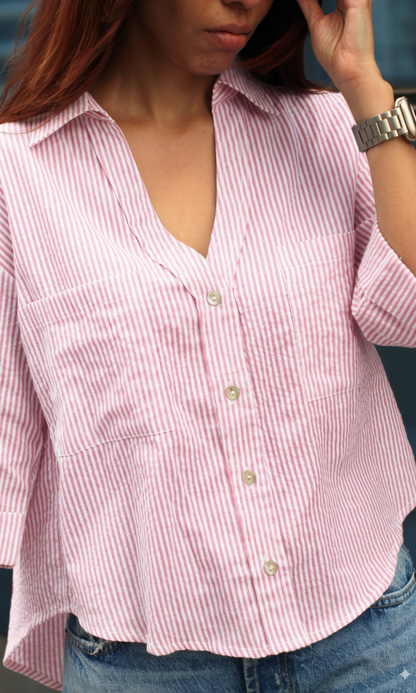 Blush Striped Cotton Cropped Shirt