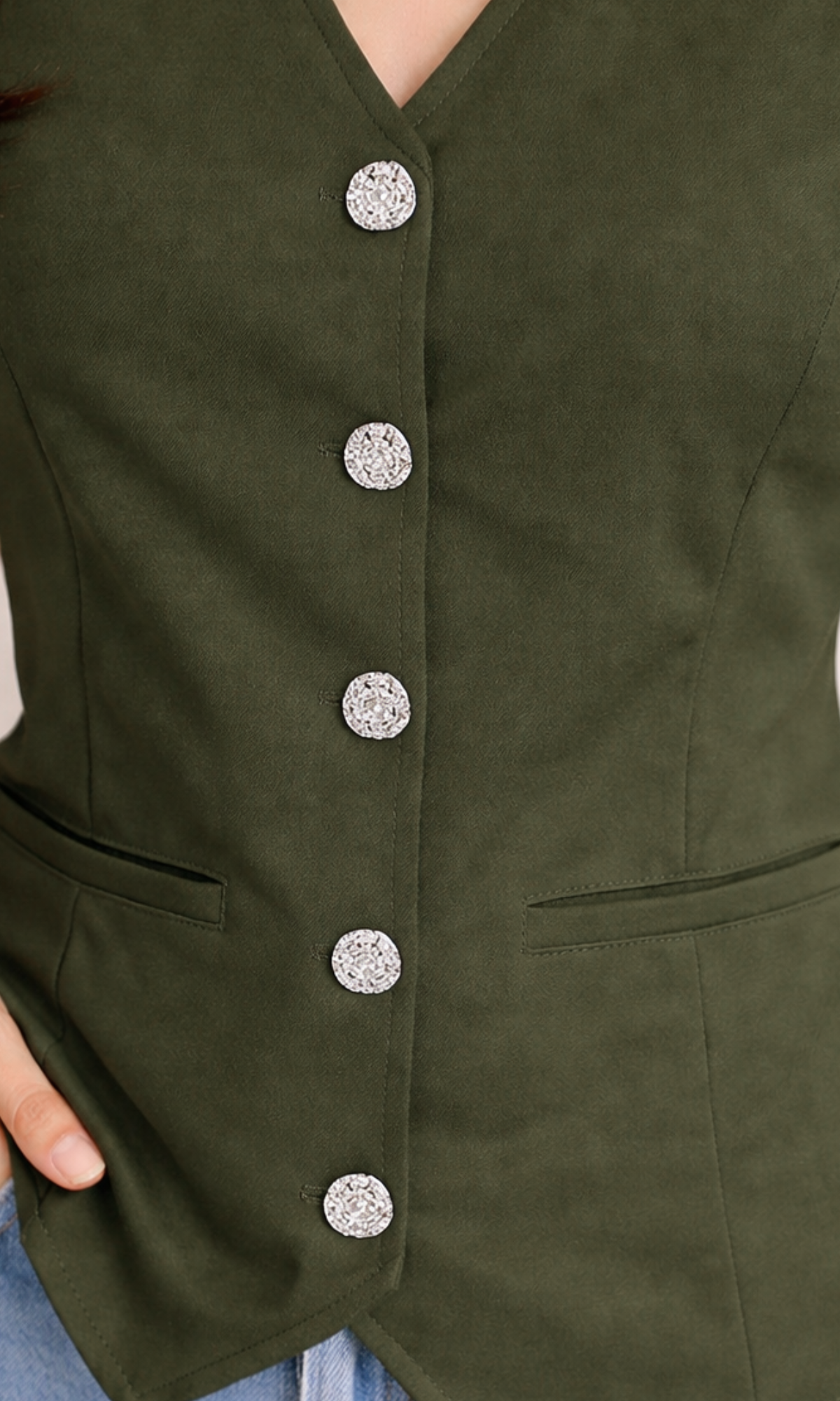 Olive Sleeved Metallic Buttoned Waist Coat